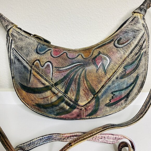 Vintage BOTARY 1980s Hand Painted Genuine Leather Shoulder Bag Art Deco - Picture 2 of 10
